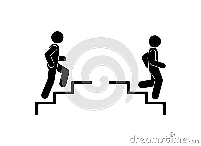 Walk man in the stairs. Man walking up the steps stick figure pictogram. Vector Illustration