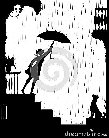 Walk in rain, Girl opens the umbrella and go for a walk and gog waiting for her, my friend dog, black and white, shadow, Vector Illustration
