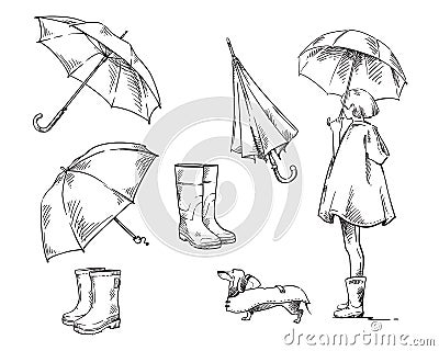 Walk in the rain. set of icons about rain and rainy weather. A girl with umbrella walking a dog in a raincoat Vector Illustration