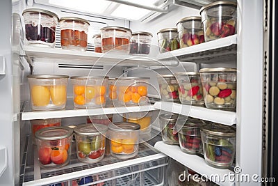 walk-in refrigerator filled with stackable plastic containers for easy storage of food Stock Photo