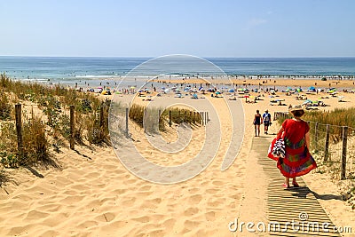 Pathway to the Grand Crohot Beach of the peninsula of Cap Ferret. Arcachon Bay, France, holidays. Editorial Stock Photo