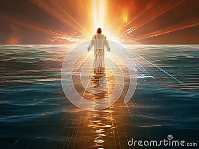 Walk on Water, Jesus Christ walking on the Sea of ??Galilee with rays of light, resurrection concept Stock Photo