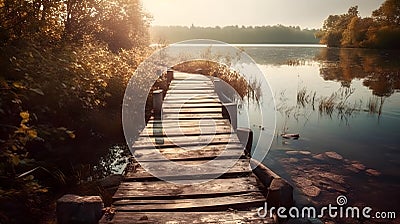 A walk way wooden pier bridge in the side lake for crossing or fishing nature view in the evening Stock Photo