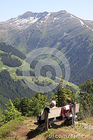 Walkers are resting at Latschenalm, Gerlos, Tyrol Editorial Stock Photo