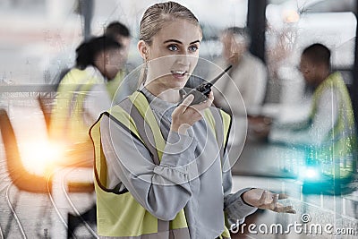 Walkie talkie, engineering overlay and woman in office for construction, infrastructure and maintenance. Architecture Stock Photo