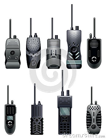 Walkie talkie icons for industrial use. Portable radio transceivers. Travel black portable mobile devices. Vector Vector Illustration