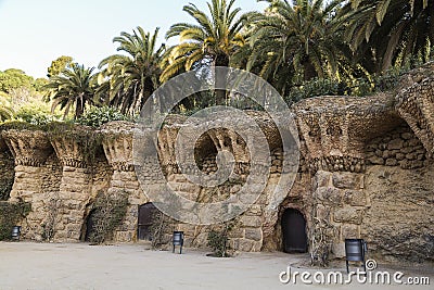 A walking alley in the park of Guell called `Bird`s nests`. Barcelona Editorial Stock Photo