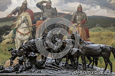 Walking around the Tretyakov Gallery. sculpture of horses on the background of the painting `Three Heroes` by Vasnetsov. Editorial Stock Photo