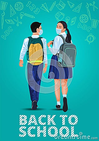 Walking boy and girl back to school illustration Children go to school with their back packs and in school uniforms Education Vector Illustration