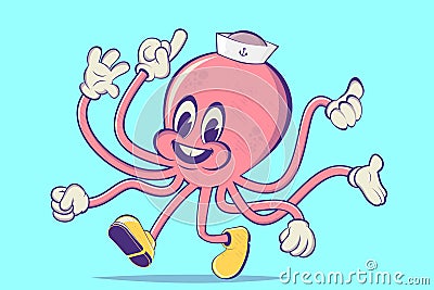 Funny illustration of a retro cartoon octopus Vector Illustration