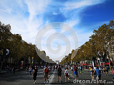 Walking Champs Elysee. Day without cars and pollution in Paris Editorial Stock Photo