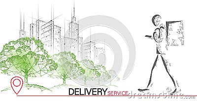 Walking city delivery box. Walk road neon lights food shipping mobile app order. Package quarantine thermal bag backpack Vector Illustration