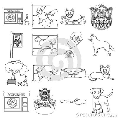 Walking with a dog, a vet clinic, a dog haircut, a puppy bathing, feeding a pet. Vet clinic and pet care set collection Vector Illustration