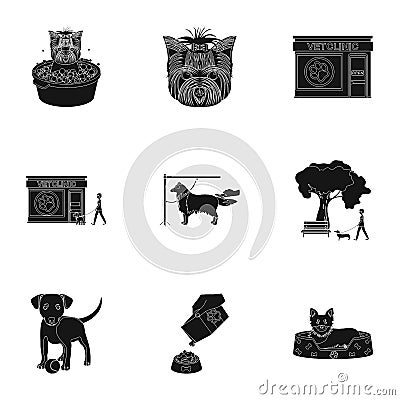 Walking with a dog, a vet clinic, a dog haircut, a puppy bathing, feeding a pet. Vet clinic and pet care set collection Vector Illustration