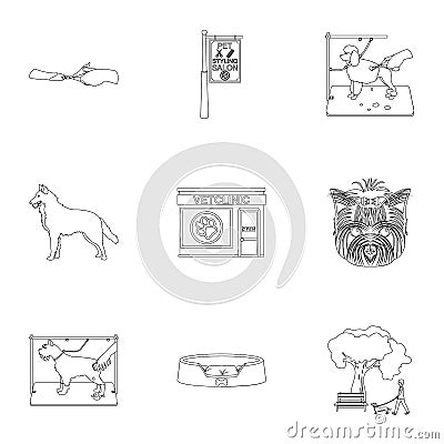 Walking with a dog, a vet clinic, a dog haircut, a puppy bathing, feeding a pet. Vet clinic and pet care set collection Vector Illustration