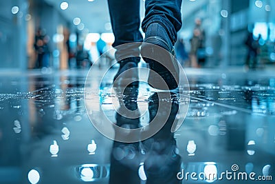 walking feet in business shoes leaving footprints on the glossy floor Stock Photo