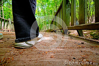 Walking in the forest. White sneakers girl trekking in forest. Wooden bridge. Stock Photo