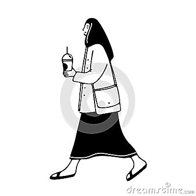 Walking girl holding coffee drawing. Vector doodle illustration of woman with drink in take away plastic glass. City Vector Illustration