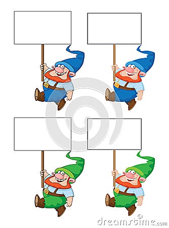 Walking gnome with blank sign Vector Illustration