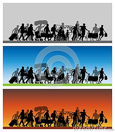 Walking immigrants silhouette with different backgrounds Vector Illustration