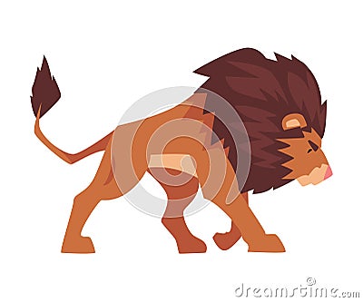 Walking Lion, Proud Powerful Mammal Jungle Animal, Side View Vector Illustration Vector Illustration