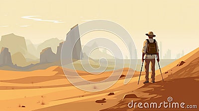 man sunset adventure desert walking landscape travel hike journey backpack trek. Generative AI. Stock Photo