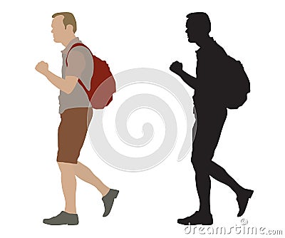 Walking man with backpack and silhouette, vector illustration, isolated on white background Vector Illustration