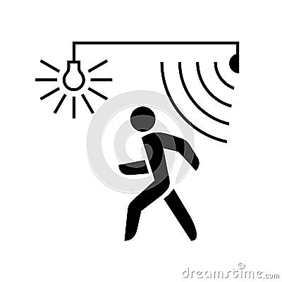 Walking man silhouette with lamp and sensor waves. Vector Illustration