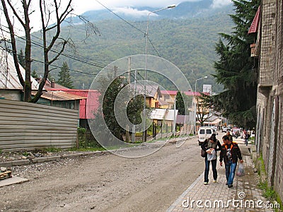 Sochi, Russia - September, 2013: Road repair on main street of olympic village in Krasnaya Polyana Editorial Stock Photo