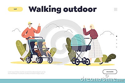 Walking outdoors with kid in pram landing page with people push carriages with little children Vector Illustration