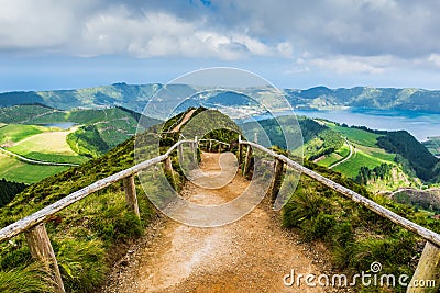 Walking path leading to a view on the lakes of Sete Cidades, Azores Stock Photo