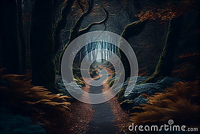 walking path through spooky and gloomy forest.generative ai Stock Photo