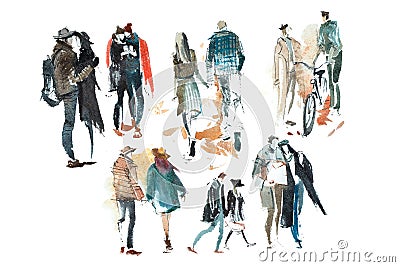 Walking people Outerwear Autumn Watercolor illustration Sketch drawing Cartoon Illustration