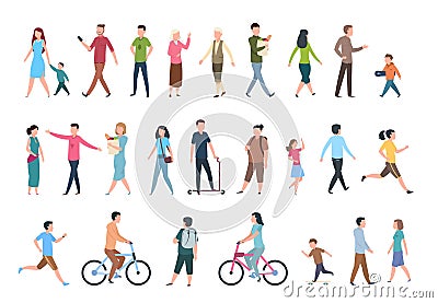 Walking people. Persons in casual clothes, crowd walks in city. Vector human characters set Vector Illustration