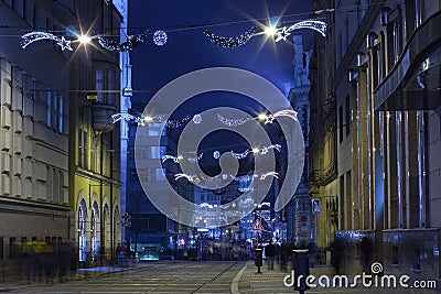 Walking people at Rasinova street at advent time Brno Editorial Stock Photo