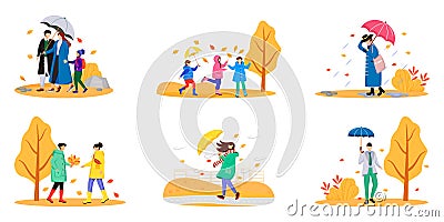Walking people with umbrellas flat color vector faceless characters set Vector Illustration