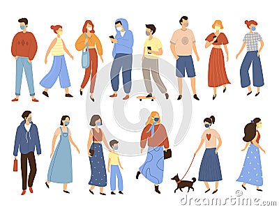 Walking people wearing medical face masks. Men and women flu, smog and covid-19 protection, urban street characters Vector Illustration