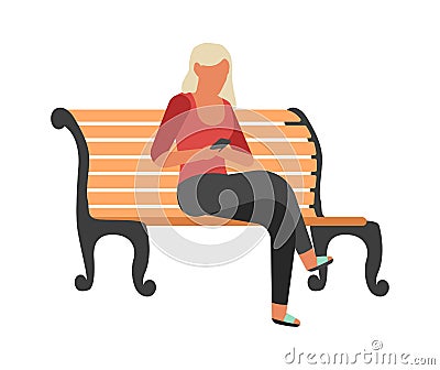 Walking people. Woman sits on bench and writes message, female chatting, young girl holding smartphone, walk in park Vector Illustration