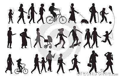 Walking persons silhouette. Group people young woman lady and child walking family isolated vector black set Vector Illustration