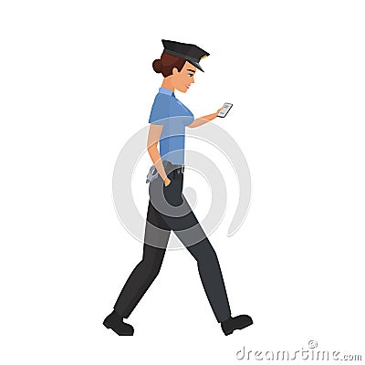 Walking policewoman with mobile phone Vector Illustration