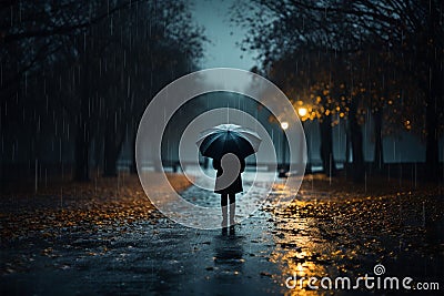 Walking in the rain, one person takes cover beneath an umbrella Stock Photo