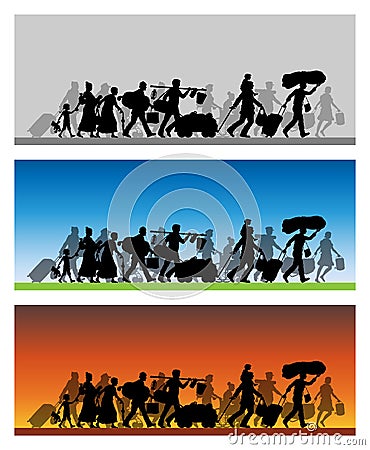 Walking refugees silhouette with different backgrounds Vector Illustration