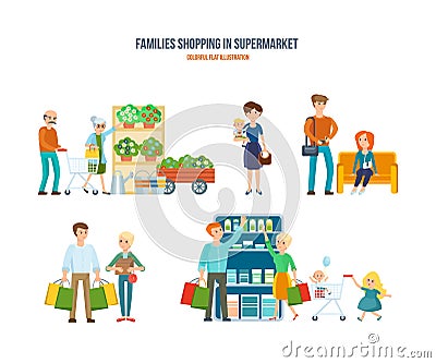 Walking in shopping center, leisure, procurement of goods, entertainment children. Vector Illustration