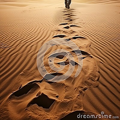 Walking in Solitude with Shoe Imprints on Sand Stock Photo