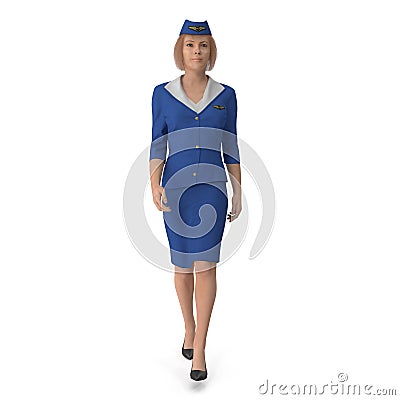 Walking Stewardess Dressed In Blue Uniform. 3D illustration, iosaled, on white Cartoon Illustration