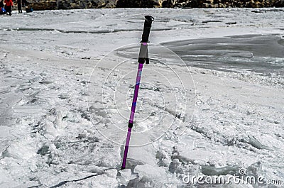 Walking stick in the frozen river Stock Photo