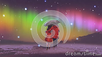 Walking together under the Northern light Cartoon Illustration