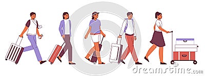 Walking tourist characters, travellers hurry with suitcase and backpack. Flat travellers people, tourist in airport or railway Vector Illustration