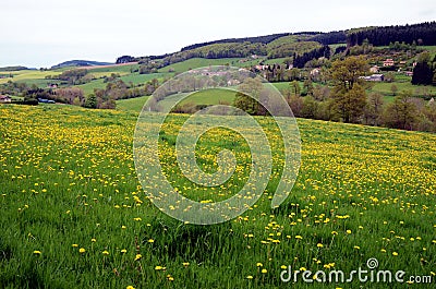 Walking trail in French countryside with beautiful view on green flowering hills, France Stock Photo