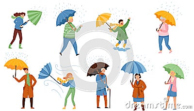 Walking Under Umbrella People Characters in Rainy Day Vector Illustration Set Vector Illustration